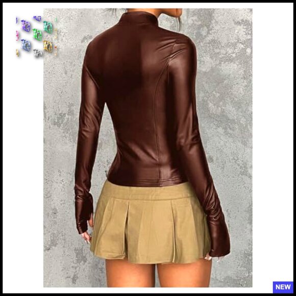 Faux Leather Jacket Slim Fit Zip Up Long Sleeve Winter Coat Chic Outerwear - Picture 3 of 5